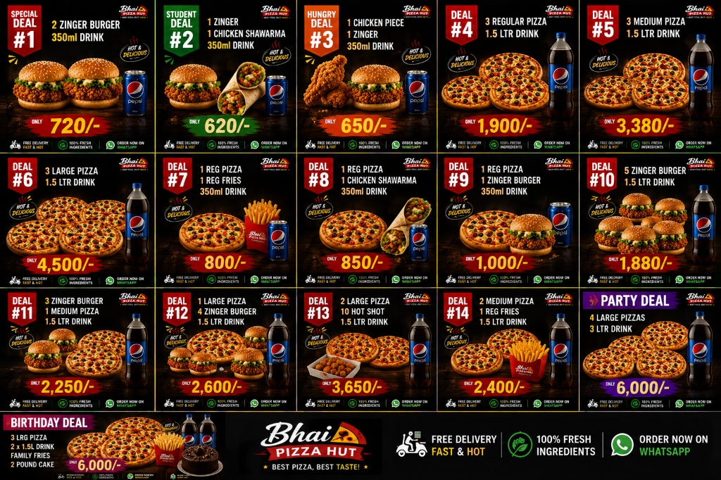Bhai Pizza Hut Complete Menu — Pizzas, Burgers, Shawarma, Deals & More